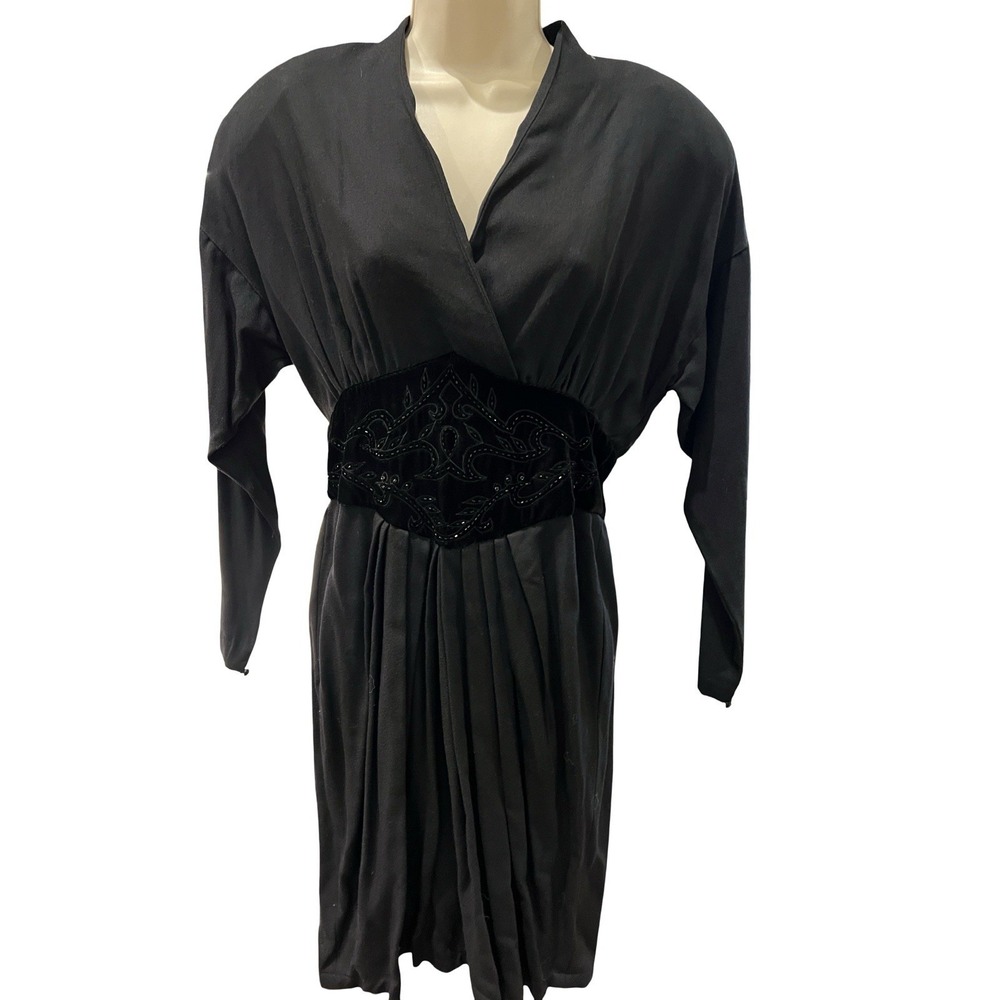 VTG 80s Retro Donna Morgan Black Dress Velvet Beaded Waist Panel Sz 6